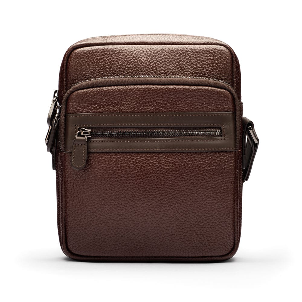 Leather messenger bag with zip, brown, front