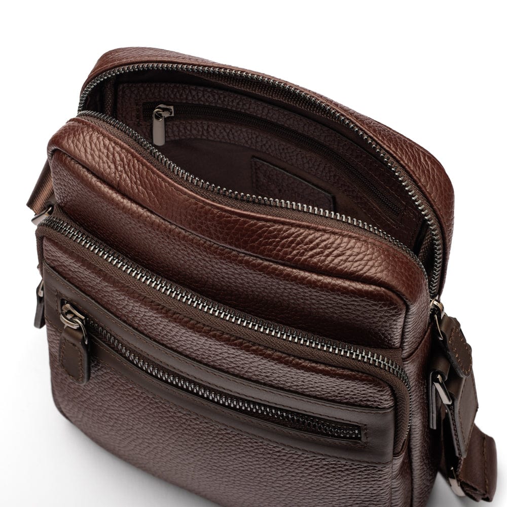Leather messenger bag with zip, brown, inside