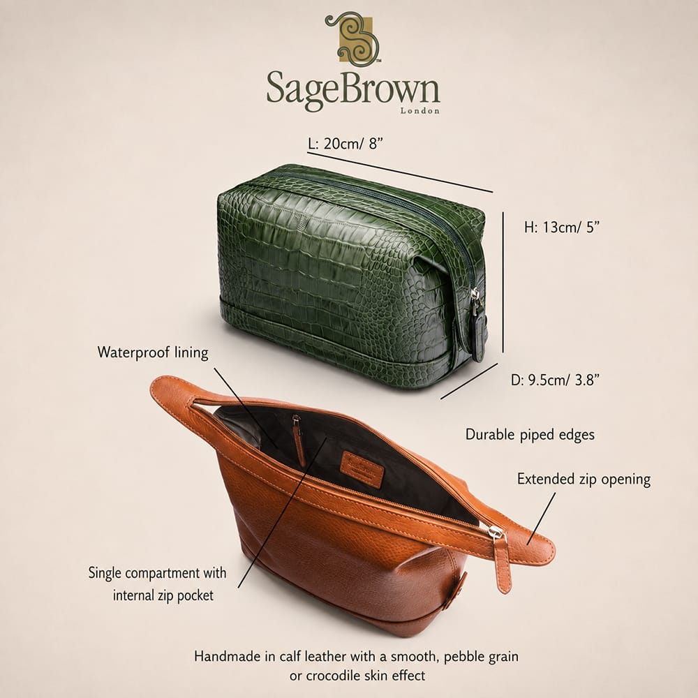 Leather wash bag,  features and dimensions