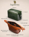 Leather wash bag,  features and dimensions