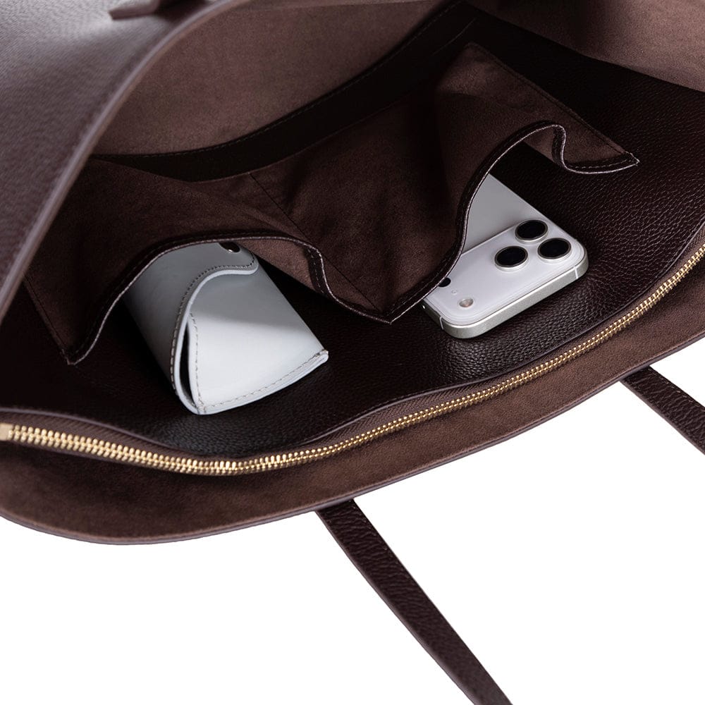 Leather tote bag, brown, open