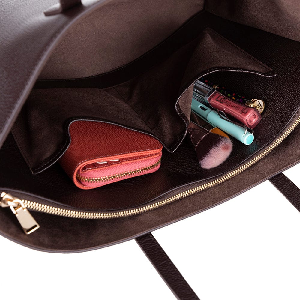 Leather tote bag, brown, open view