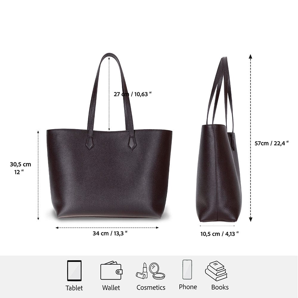 Leather tote bag, brown, features and dimensions
