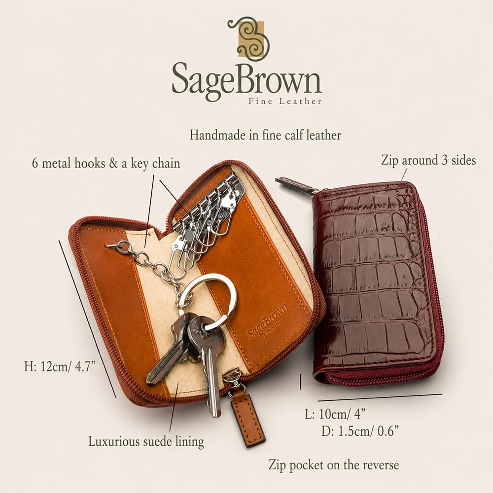 Leather Zip Around Key Case With External Coin Pocket, features and dimensions