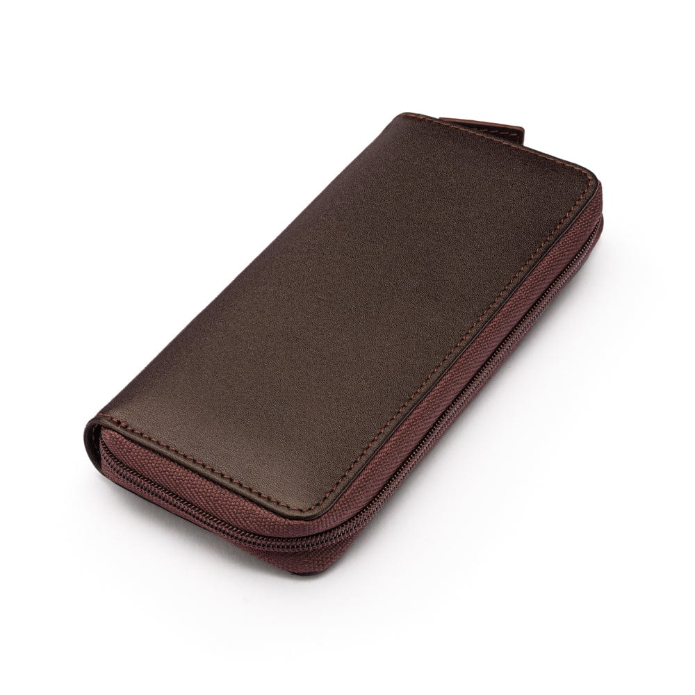 Leather zip around triple pen case, brown, side