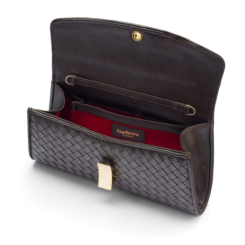 Luxury Hand-Woven Leather Melanie Clutch, Brown, inside