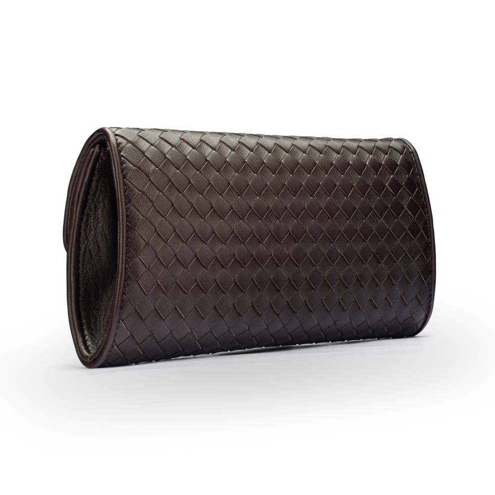 Luxury Hand-Woven Leather Melanie Clutch, Brown, back