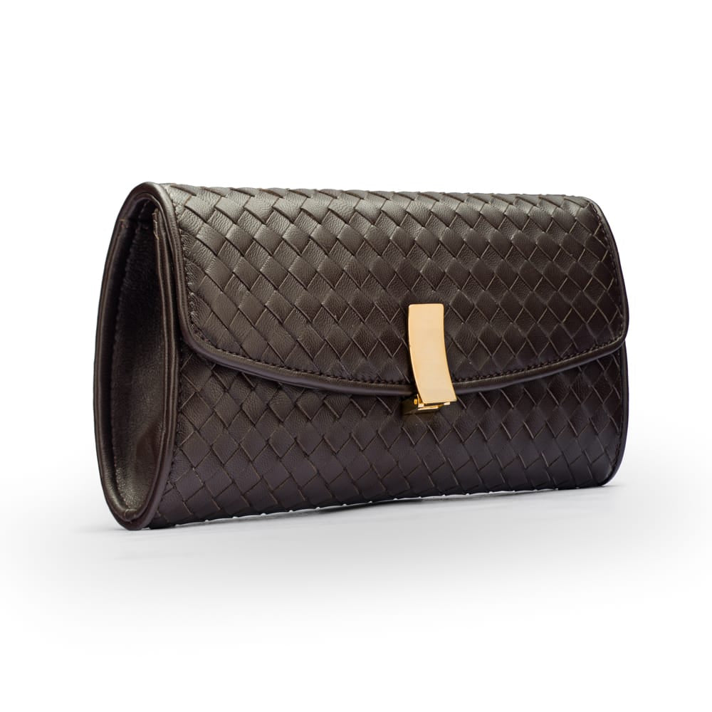 Luxury Hand-Woven Leather Melanie Clutch, Brown, side view