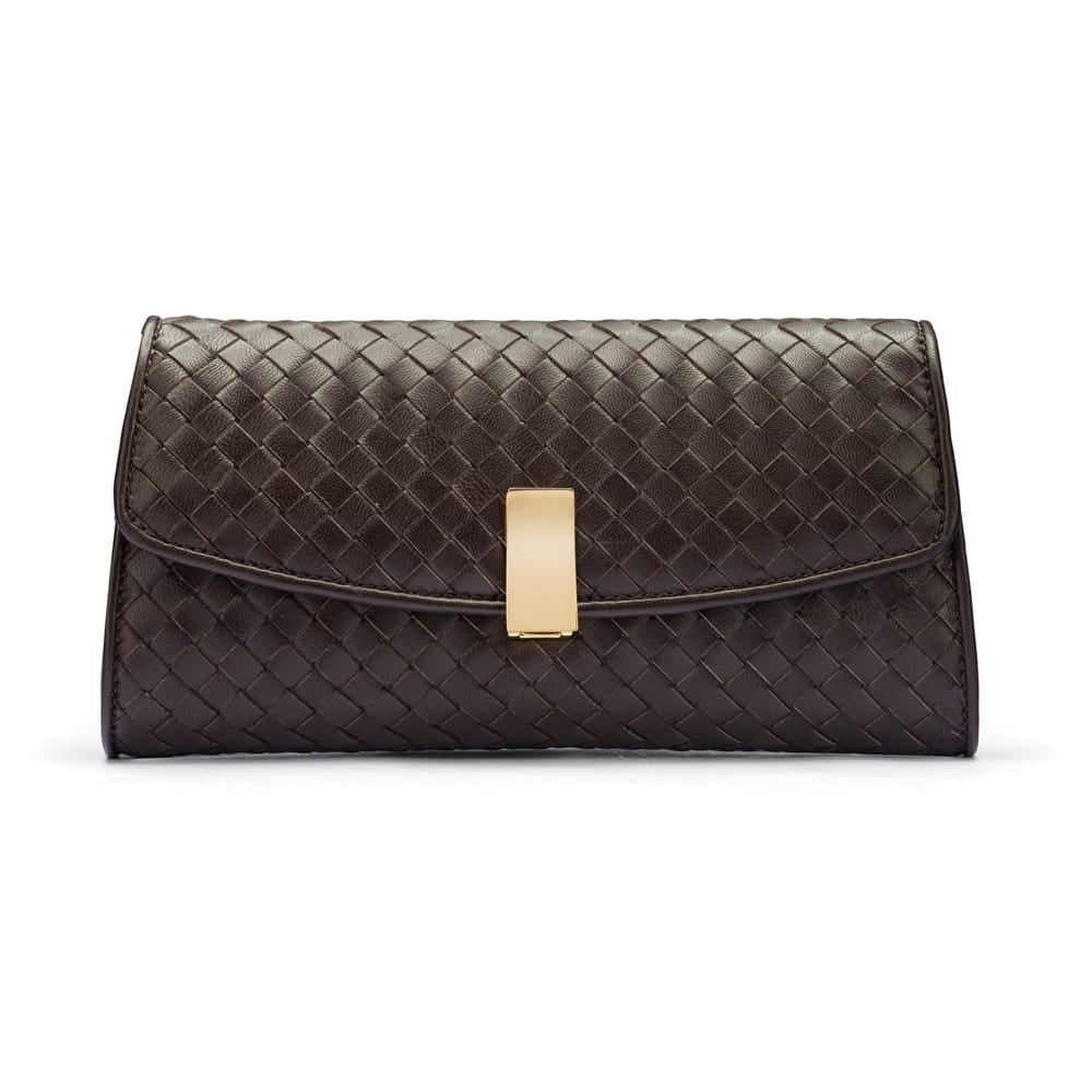 Luxury Hand-Woven Leather Melanie Clutch, Brown, front