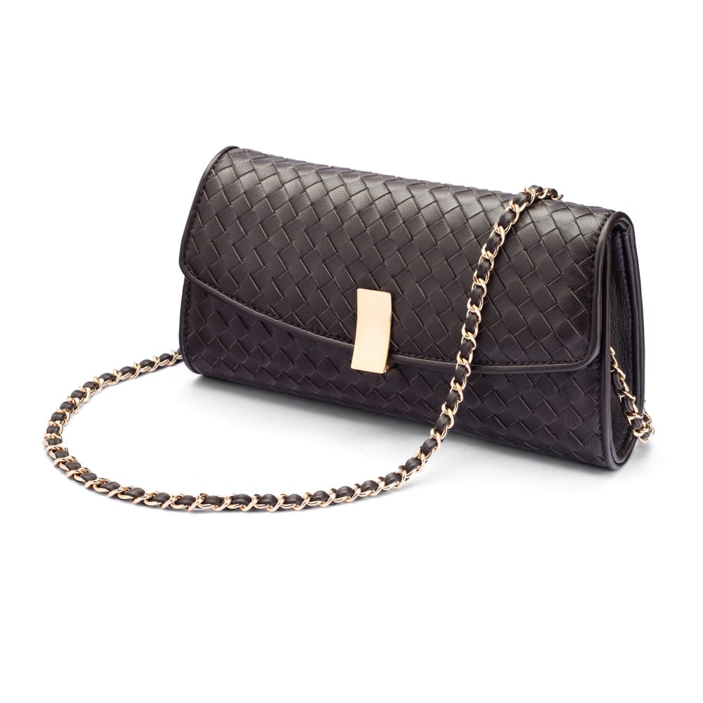 Luxury Hand-Woven Leather Melanie Clutch, Brown, with chain strap