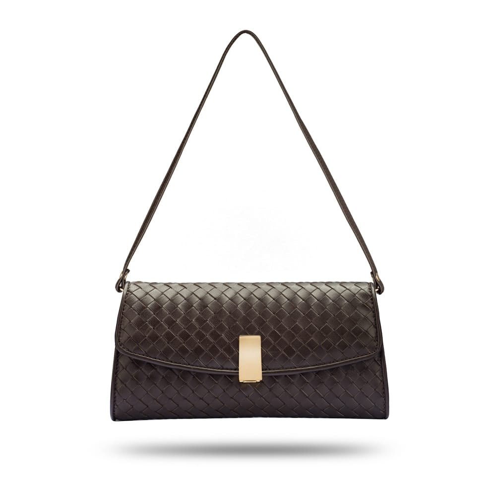 Luxury Hand-Woven Leather Melanie Clutch, Brown, with leather strap