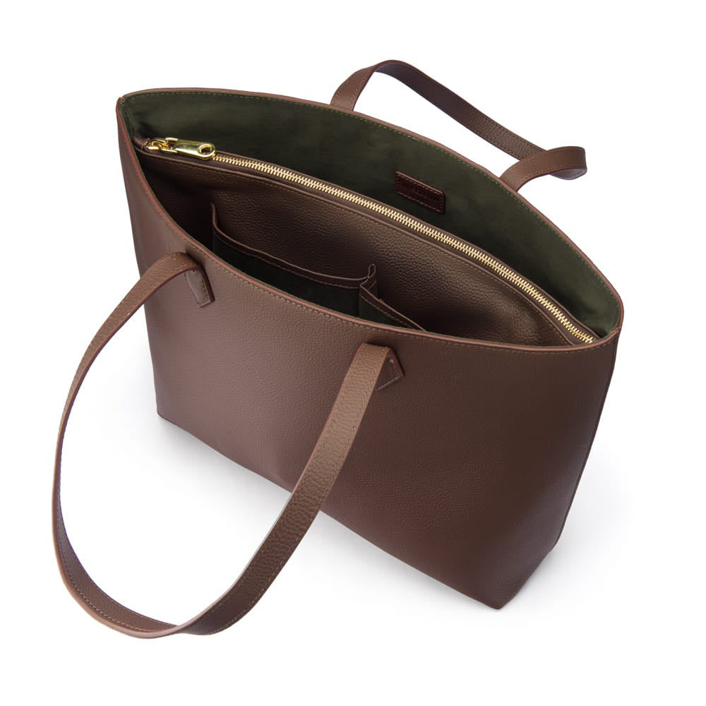 Luxury Leather Tote Bag and Shopper, Brown, inside