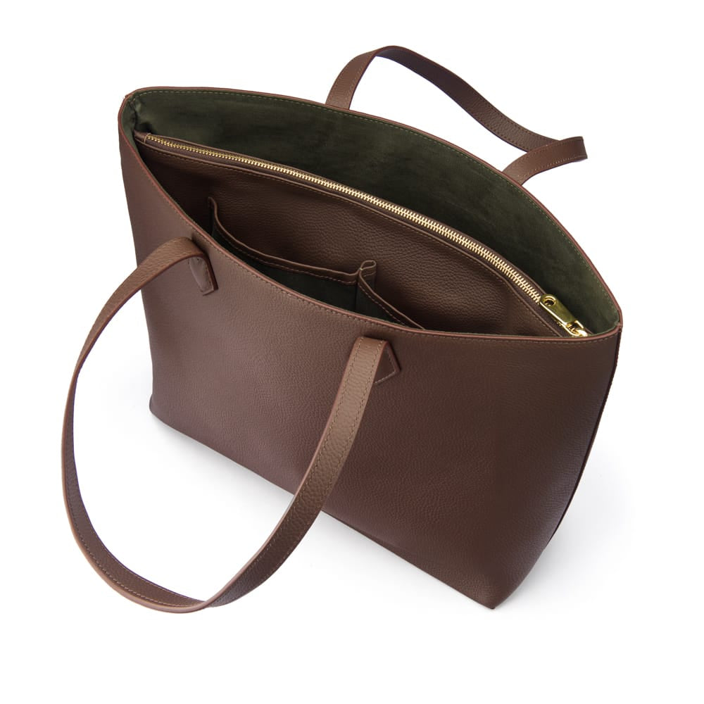 Luxury Leather Tote Bag and Shopper, Brown, open