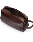 Luxury leather wash bag, brown, open