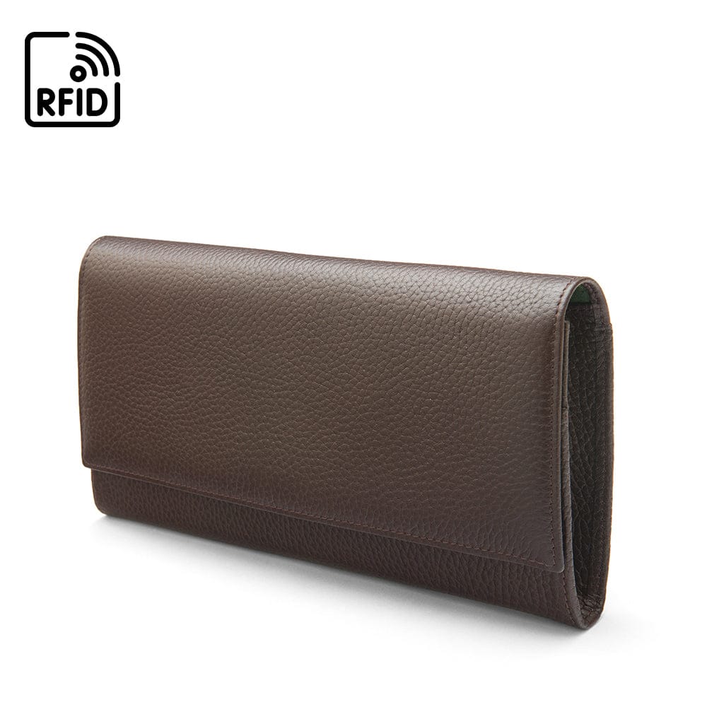 Luxury RFID leather travel wallet, brown, side