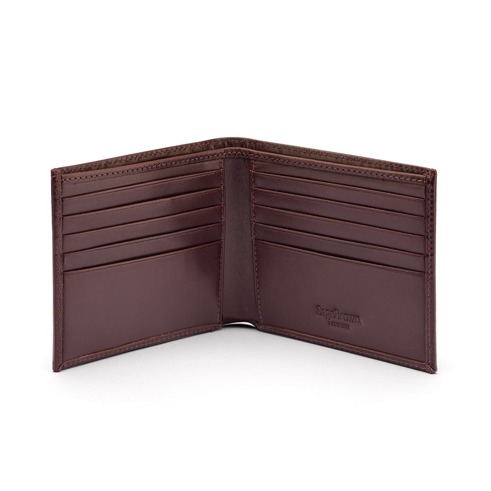 Men's bridle leather billfold wallet, brown bridle hide, open