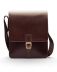 Men's leather messenger bag with buckle, brown, front