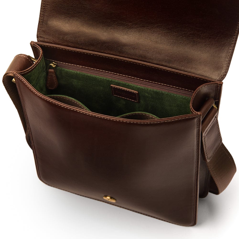 Men's leather messenger bag with buckle, brown, inside