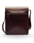 Men's leather messenger bag with buckle, brown, back