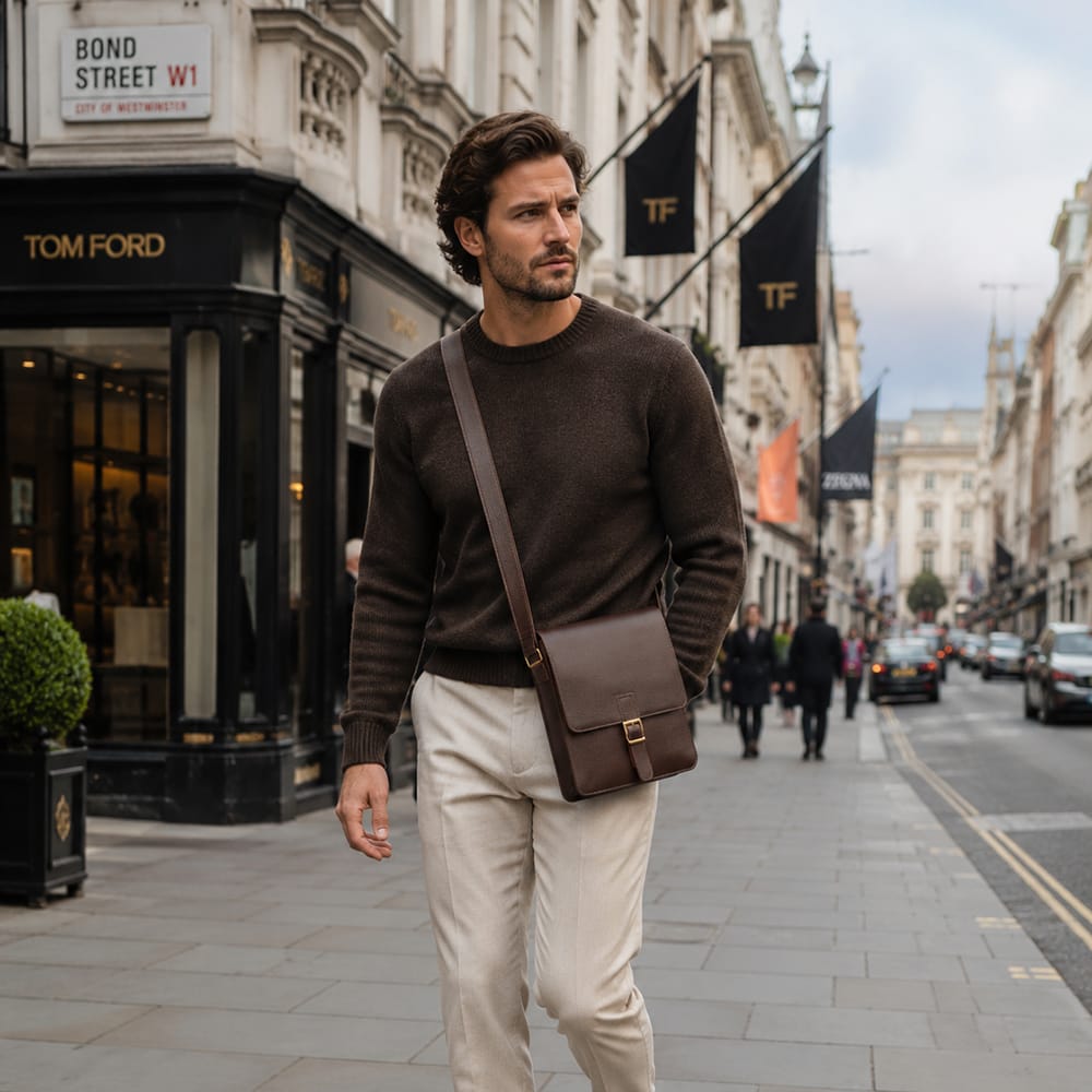 Men's leather messenger bag with strap, lifestyle