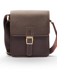 Mens leather messenger bag with strap, brown, front