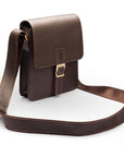 Mens leather messenger bag with strap, brown, side