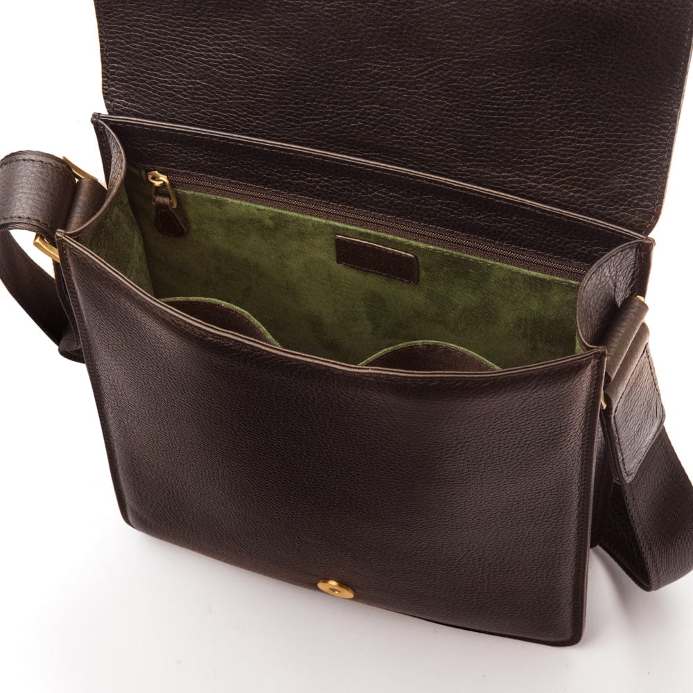 Men's Leather Messenger Bag With Buckle - Brown Pebble Grain
