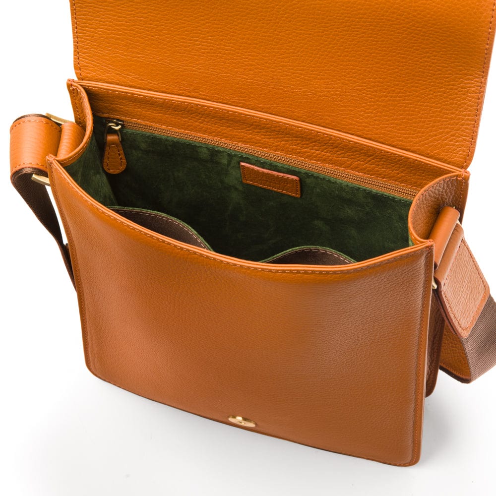 Mens leather messenger bag with strap, tan, inside