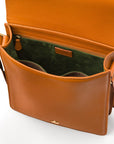 Mens leather messenger bag with strap, tan, inside