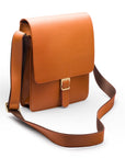 Mens leather messenger bag with strap, tan, side