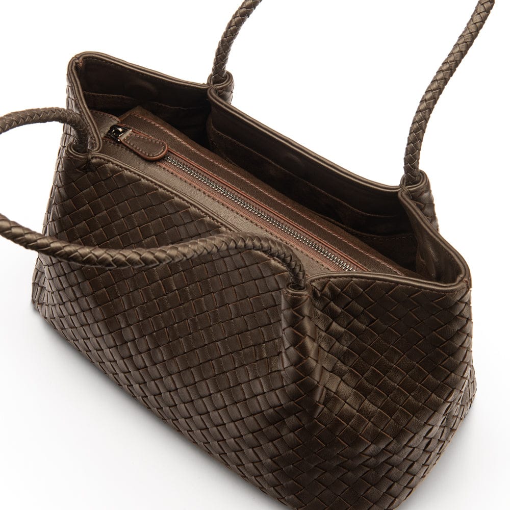 Midi woven leather bag, brown, inside