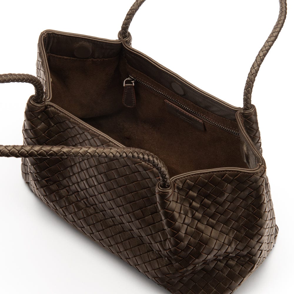 Midi woven leather bag, brown, open