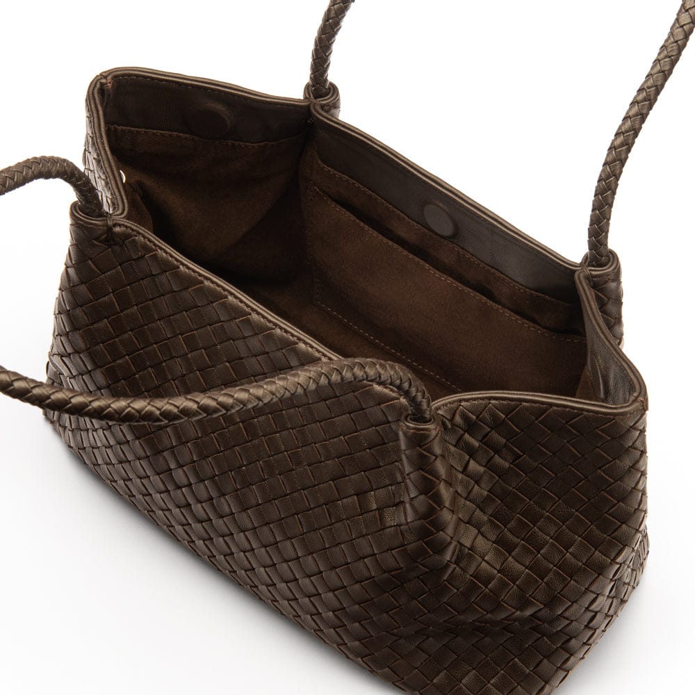 Midi woven leather bag, brown, open view