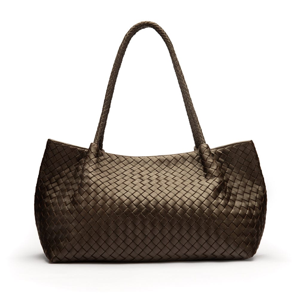 Midi woven leather bag, brown, front