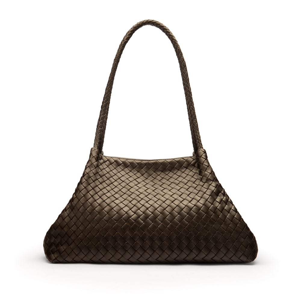 Midi woven leather bag, brown, trapeze shape