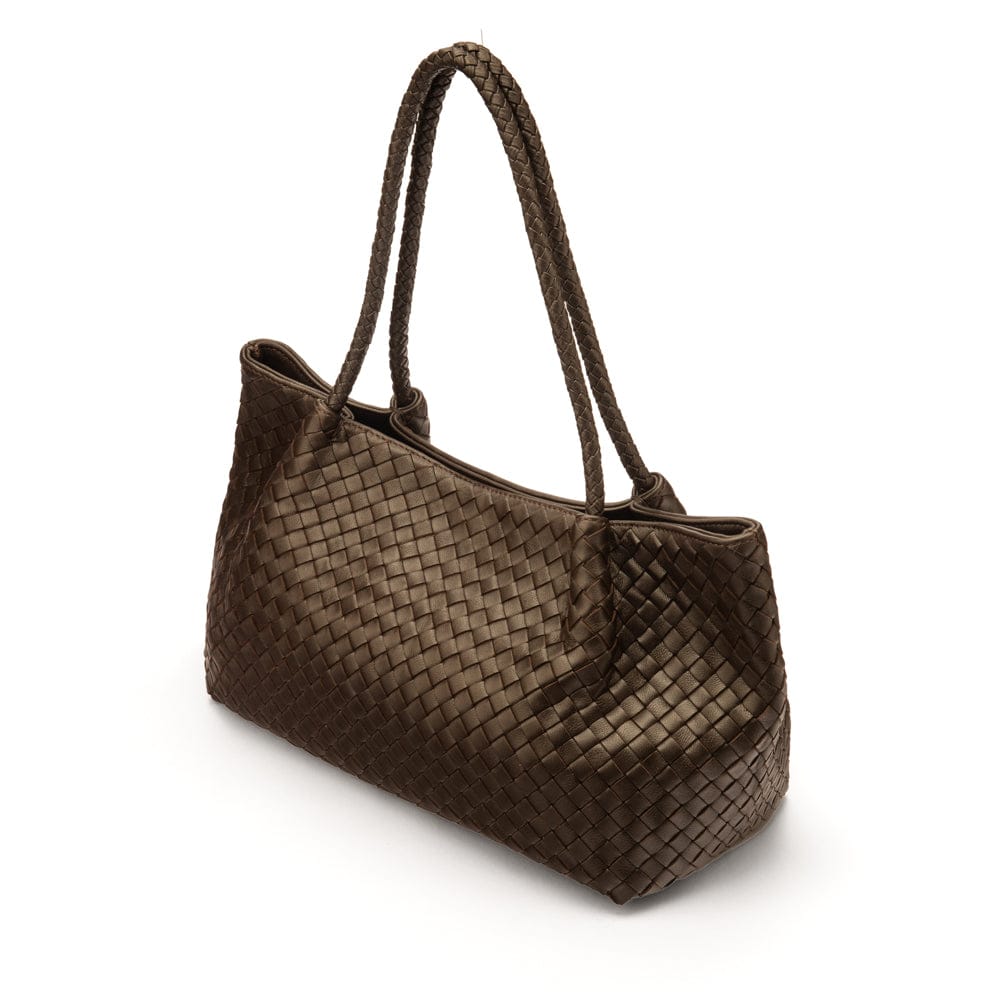 Midi woven leather bag, brown, side