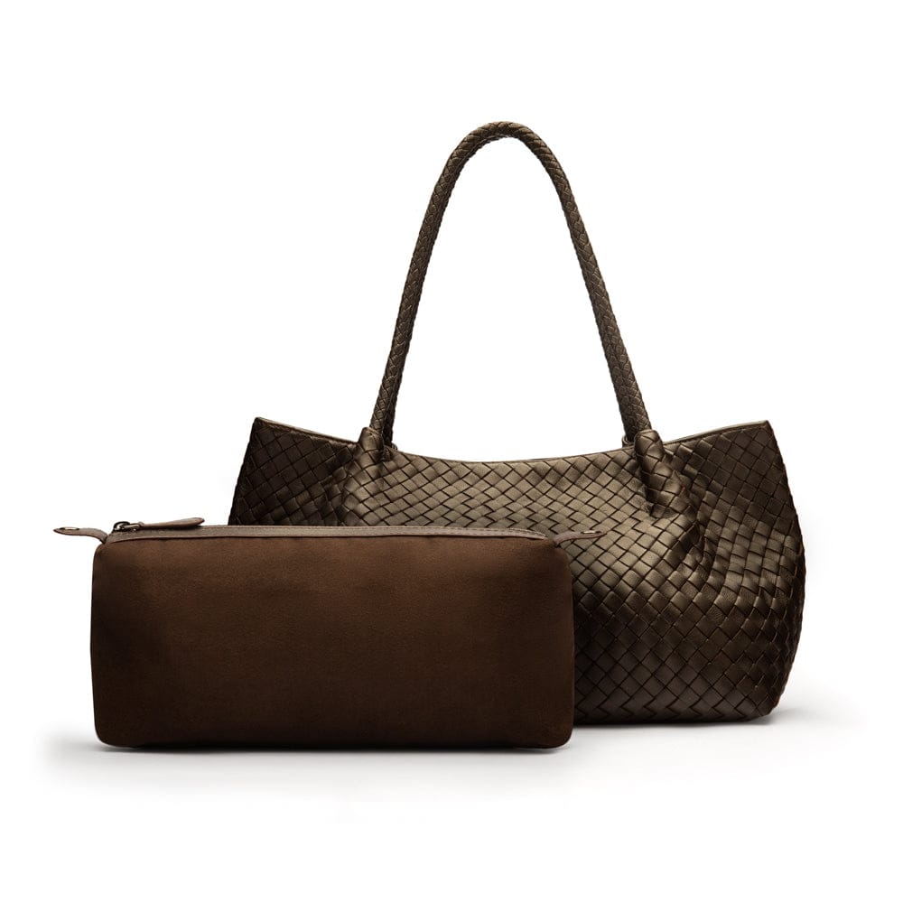 Midi woven leather bag, brown, inner bag