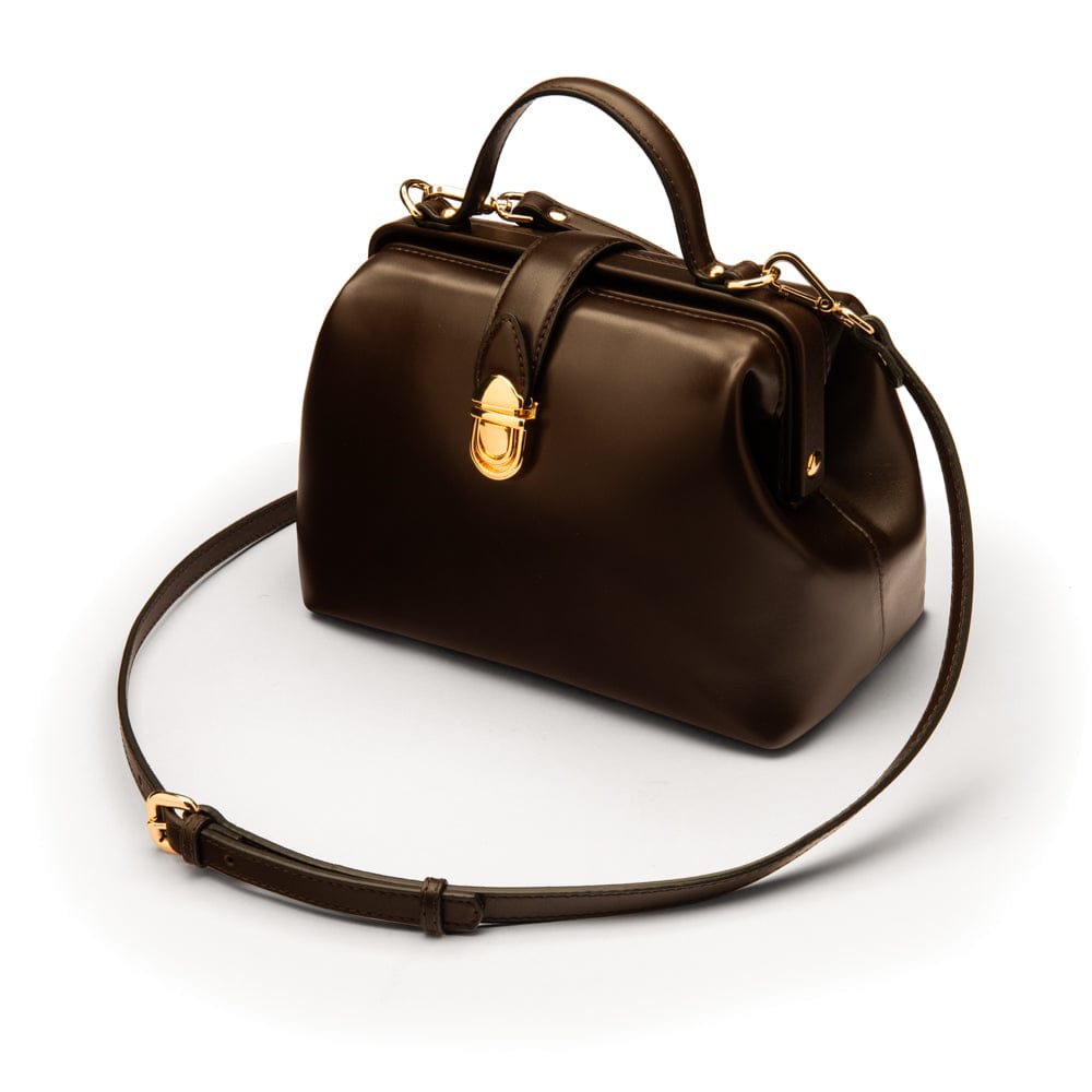 Mini leather Gladstone bag, brown, with shoulder strap