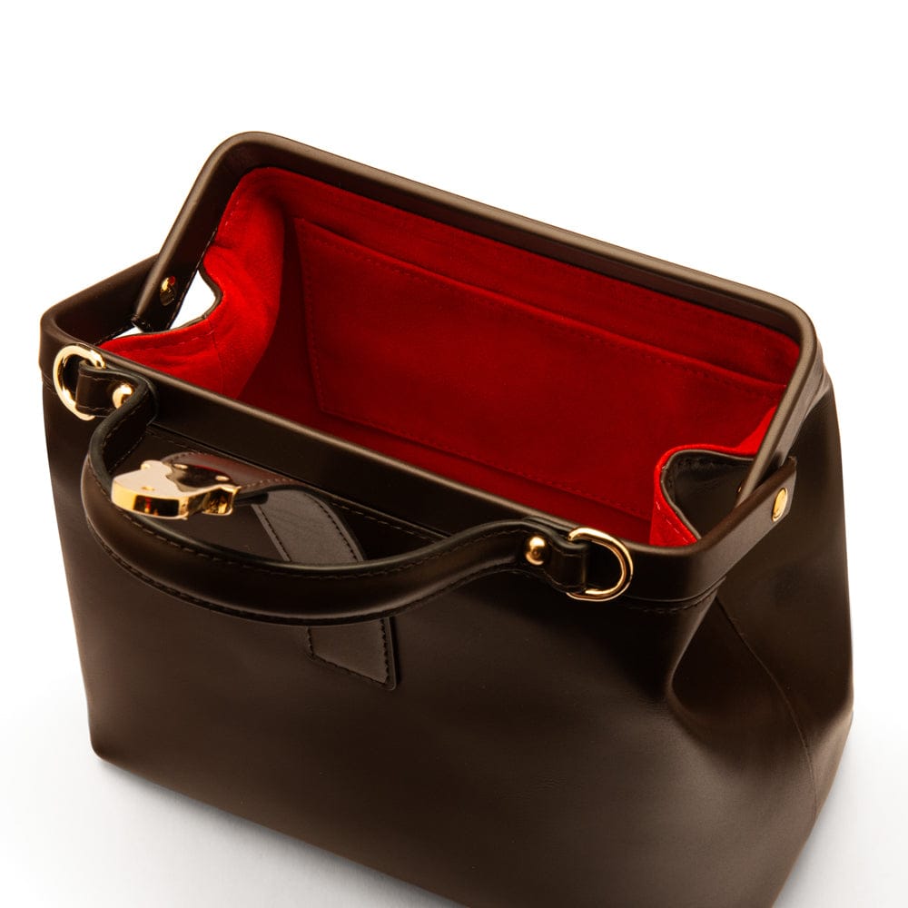 Mini leather Gladstone bag, brown, open