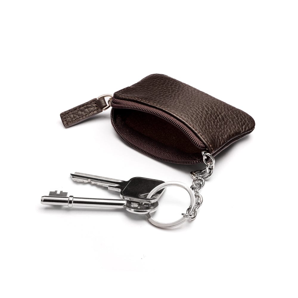 Miniature leather coin purse with key chain, brown, inside