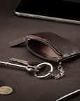 Miniature leather coin purse with key chain, brown, lifestyle