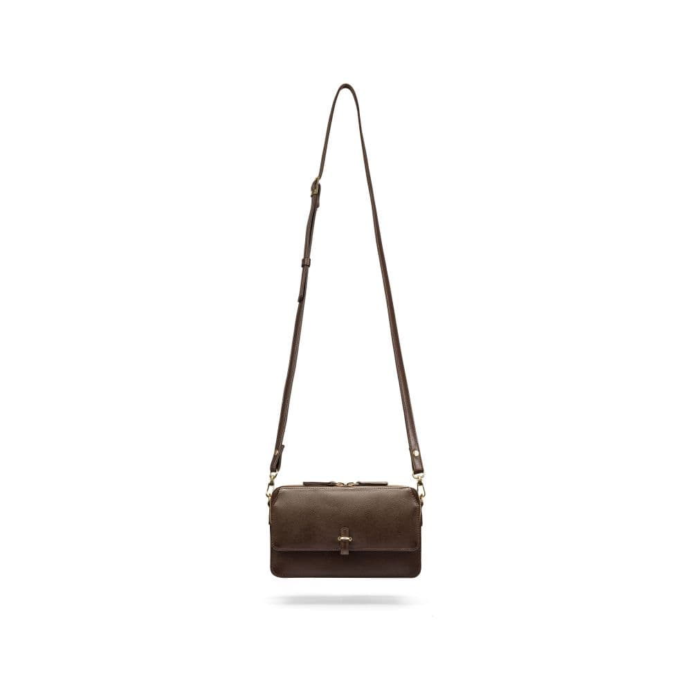 Small leather shoulder bag, brown saffiano, with long shoulder strap