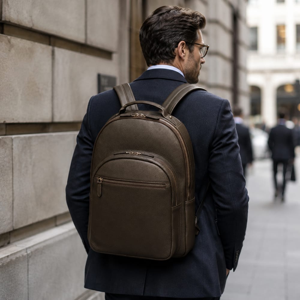 Men's leather 15" laptop backpack, brown, on a males back