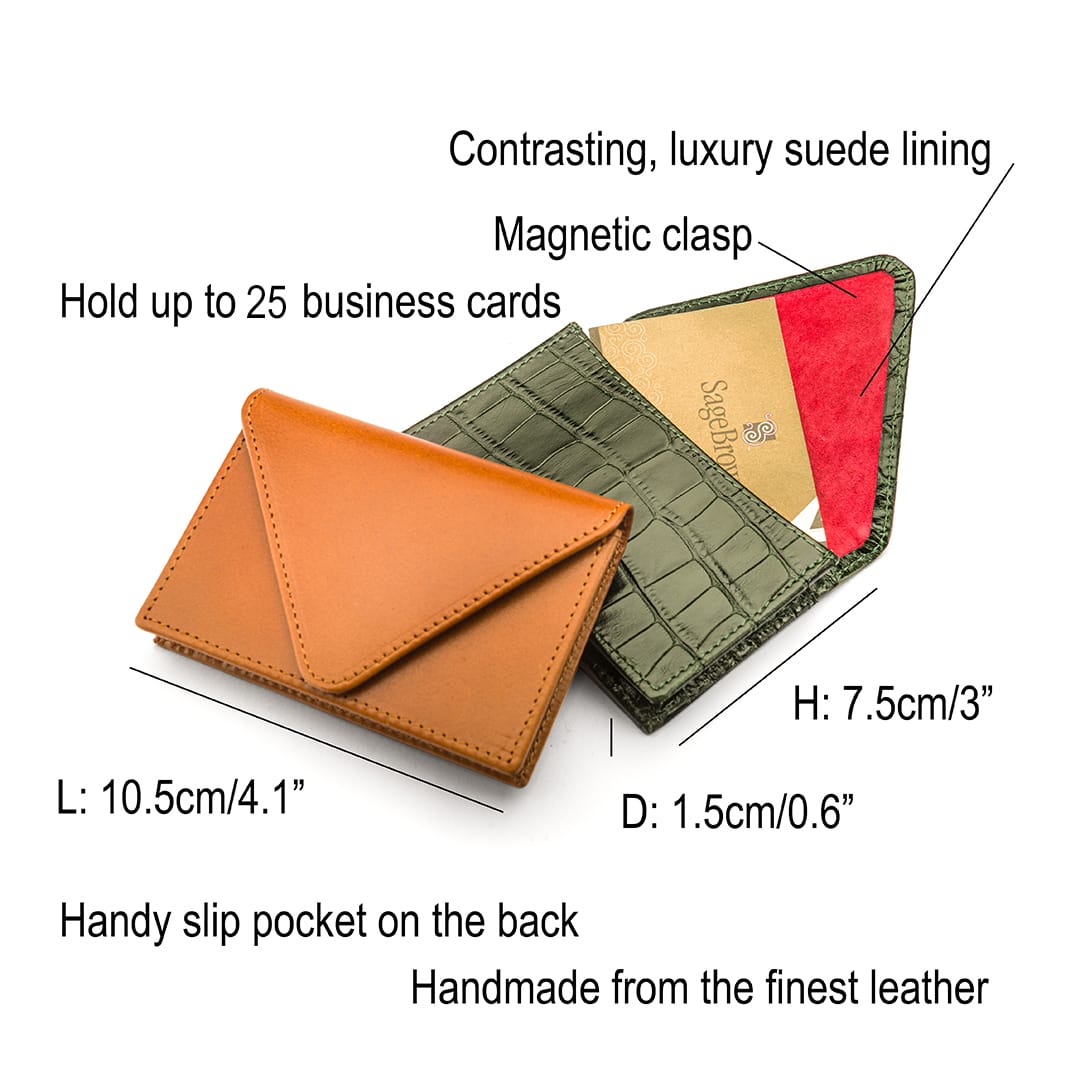 Leather business card envelope, dimensions and features