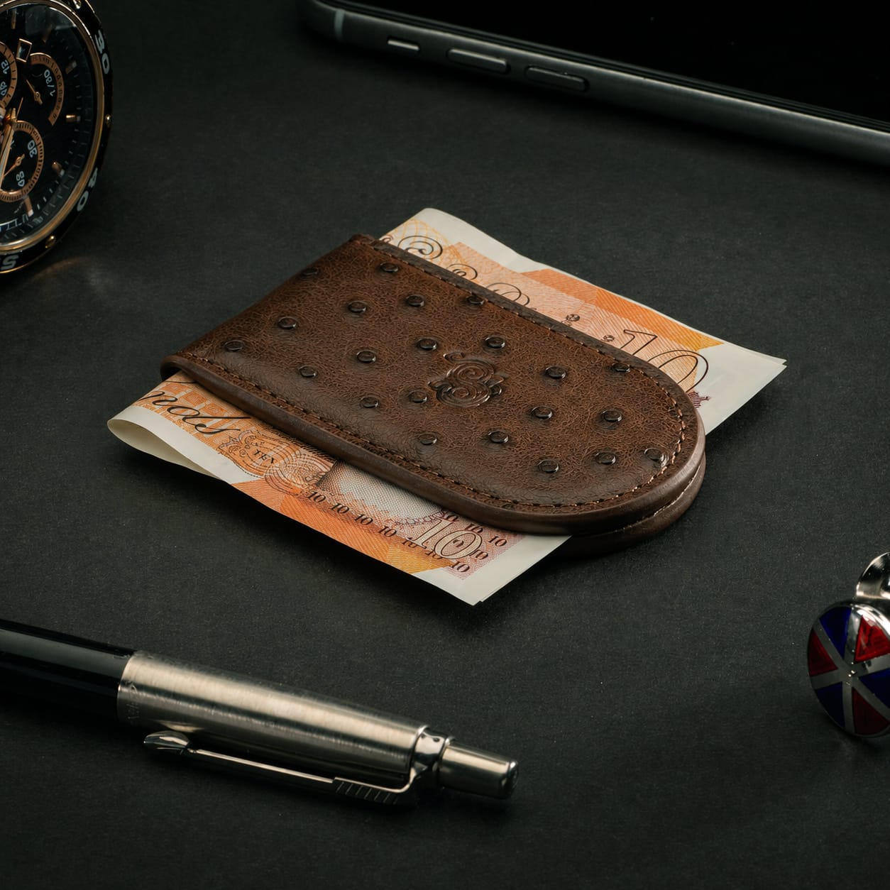 Real Ostrich Leather Magnetic Money Clip - Brown