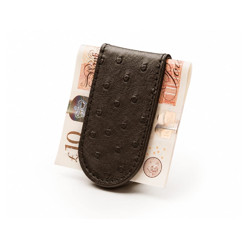 Real Ostrich Leather Magnetic Money Clip, Brown, back