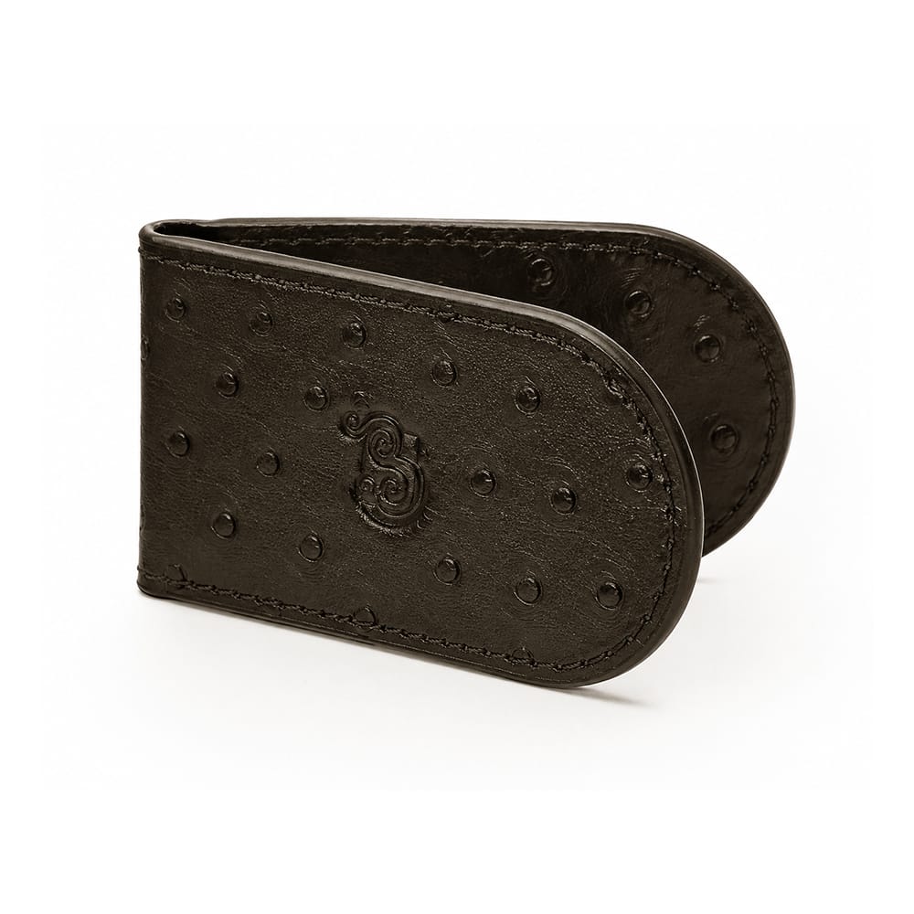 Real Ostrich Leather Magnetic Money Clip, Brown, front