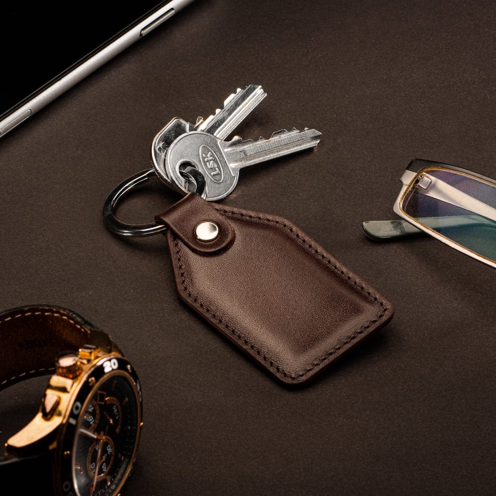 Rectangular leather key fob, brown, lifestyle