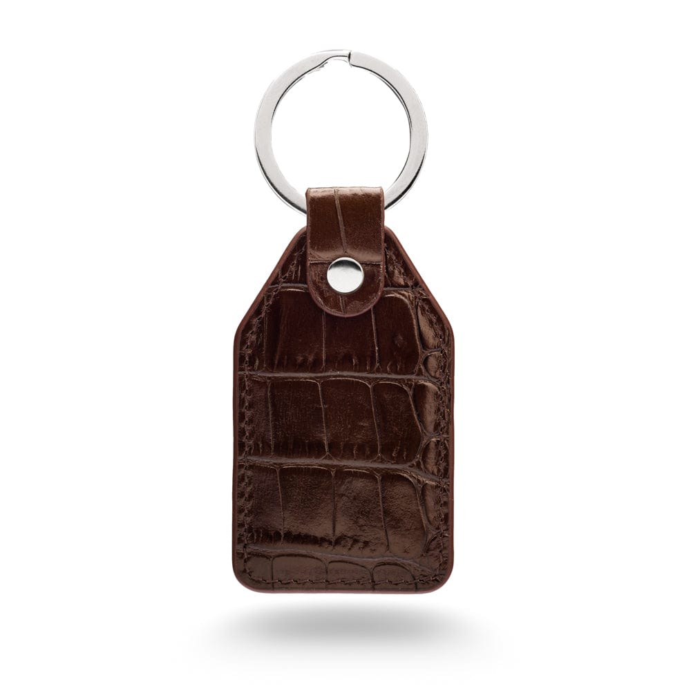 Rectangular leather key fob, brown croc, front