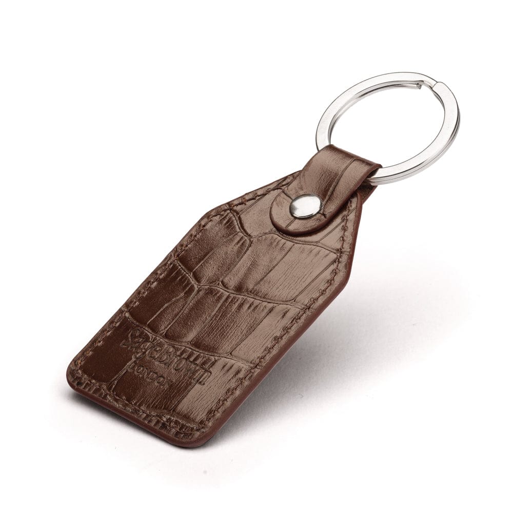 Rectangular leather key fob, brown croc, back